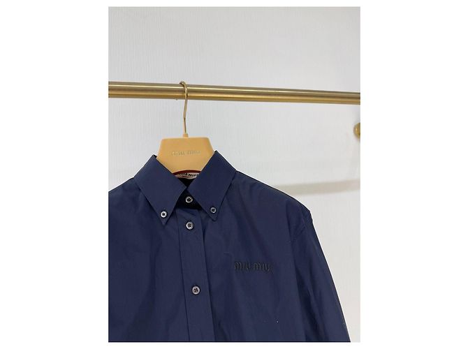 Top Miu Miu in lana blu navy con logo Multicolore - vista 3