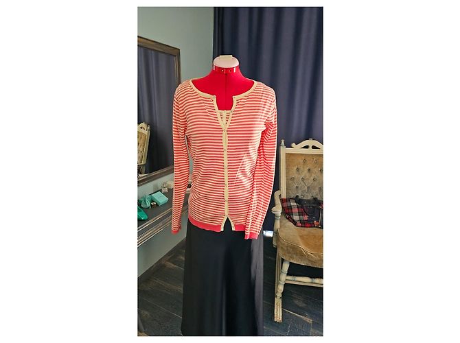Set Cardigan e Canottiera in Cotone e Cashmere a Righe Eric Bompard Rosa Beige - vista 4
