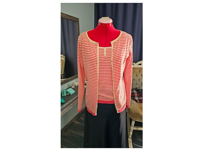 Set Cardigan e Canottiera in Cotone e Cashmere a Righe Eric Bompard Rosa Beige - vista 5