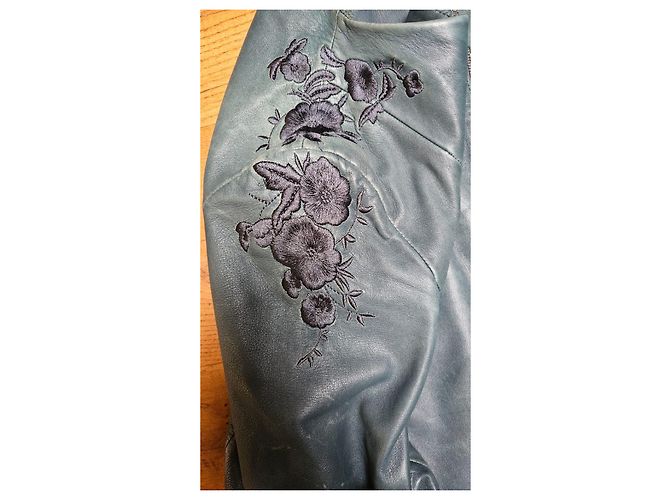 Massimo Dutti Women's Teal Leather Embroidered Biker Jacket Dark green - view 3