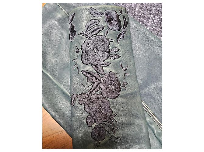 Massimo Dutti Women's Teal Leather Embroidered Biker Jacket Dark green - view 4