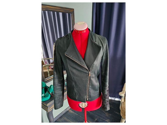 Massimo Dutti Women's Teal Leather Embroidered Biker Jacket Dark green - view 6