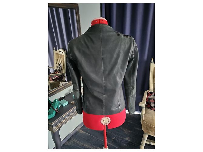 Massimo Dutti Women's Teal Leather Embroidered Biker Jacket Dark green - view 7