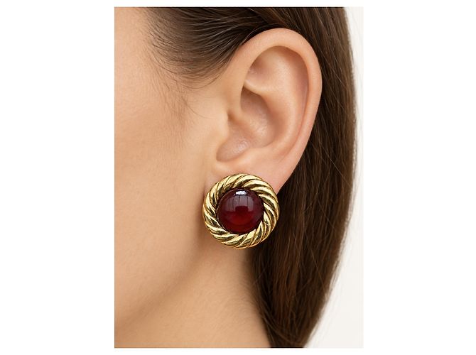 Chanel Clip-On Ohrringe roter Cabochon vergoldet Golden Bordeaux - Ansicht 4