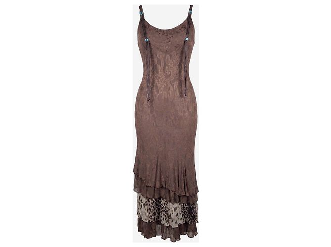 Abito maxi a balze stampa leopardata e floreale Roberto Cavalli anni 2000 Marrone - vista 3