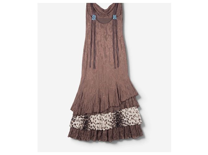 Abito maxi a balze stampa leopardata e floreale Roberto Cavalli anni 2000 Marrone - vista 4