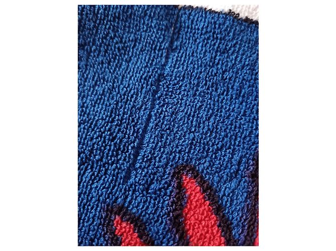 Hermès 'Le Coq et la Poule' Handtuch aus blauer Baumwolle Schwarz Weiß Rot Gelb - Ansicht 4