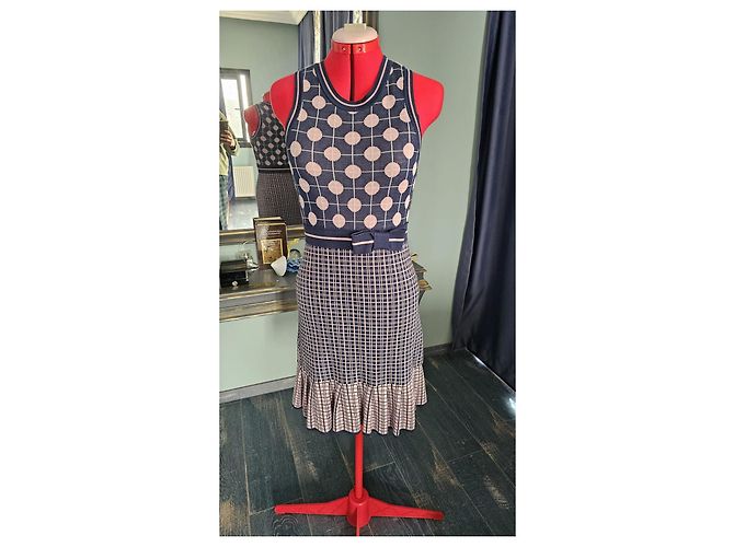 Vestido de malha Red Valentino azul marinho e rosa com bolinhas e xadrez e detalhe de laço - vista 2