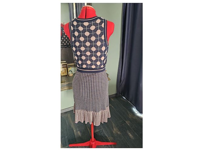Vestido de malha Red Valentino azul marinho e rosa com bolinhas e xadrez e detalhe de laço - vista 3