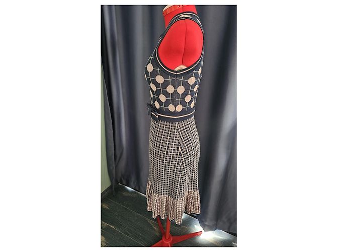 Vestido de malha Red Valentino azul marinho e rosa com bolinhas e xadrez e detalhe de laço - vista 4
