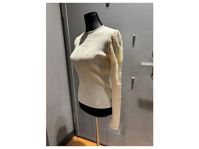 Chanel Top de malha cashmere creme com renda Cru - vista 10