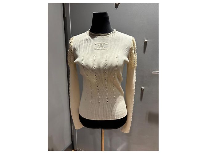 Chanel Top de malha cashmere creme com renda Cru - vista 11