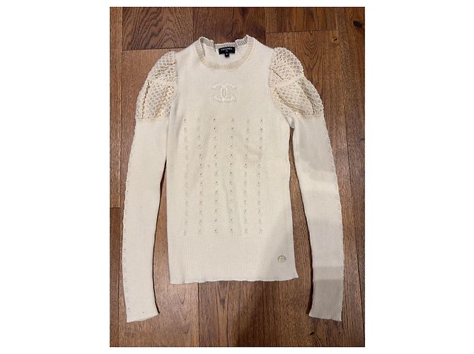 Chanel Top de malha cashmere creme com renda Cru - vista 12