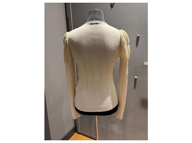 Chanel Top de malha cashmere creme com renda Cru - vista 13