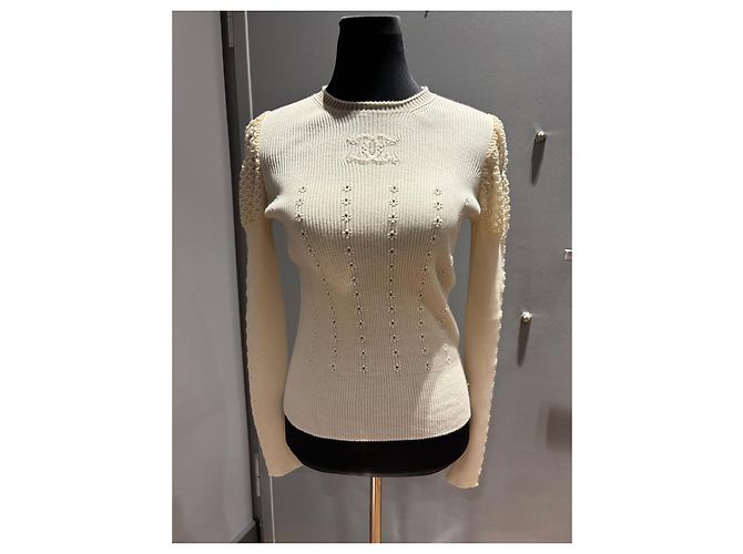 Chanel Top de malha cashmere creme com renda Cru - vista 2