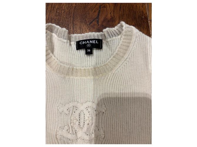 Chanel Top de malha cashmere creme com renda Cru - vista 3