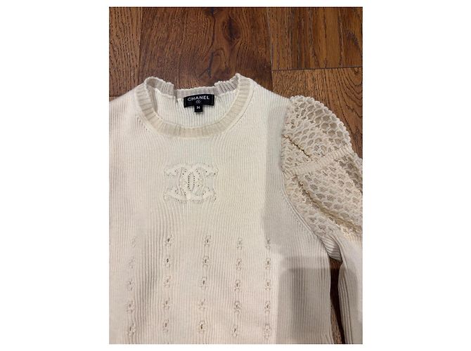 Chanel Top de malha cashmere creme com renda Cru - vista 6