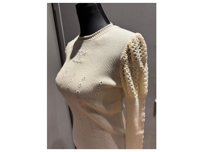 Chanel Top de malha cashmere creme com renda Cru - vista 8
