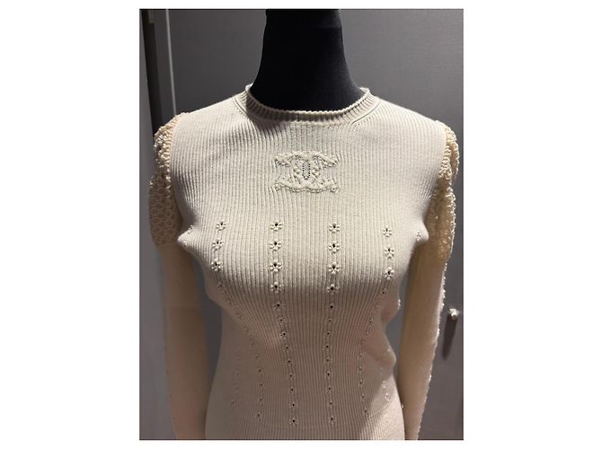 Chanel Top de malha cashmere creme com renda Cru - vista 9