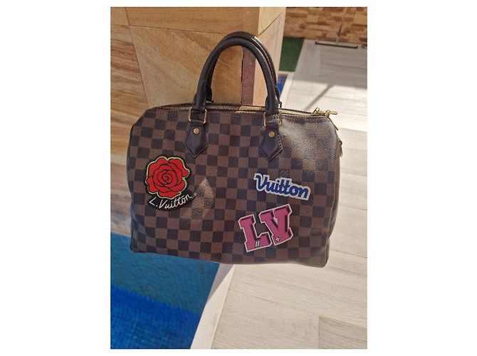 Louis Vuitton Speedy 30 Damier Ebène con patch personalizzati Marrone Multicolore Monogramma - vista 2