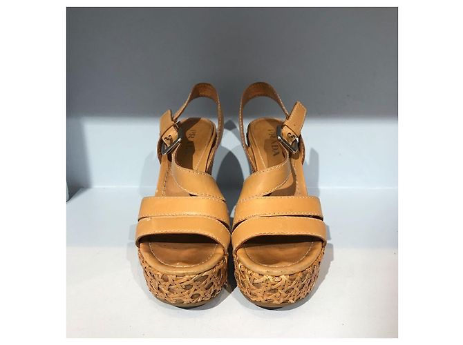 Prada Camel Leather Wedge Sandals Size 36 - view 2