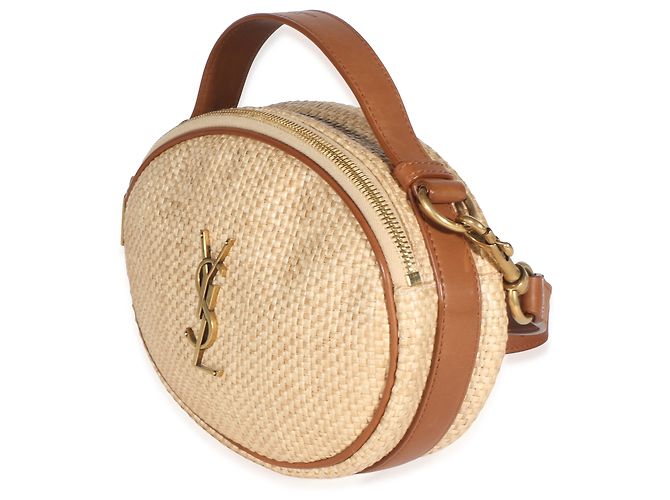 Autre Marque Borsa camera rotonda Saint Laurent in rafia beige e pelle di vitello marrone - vista 3