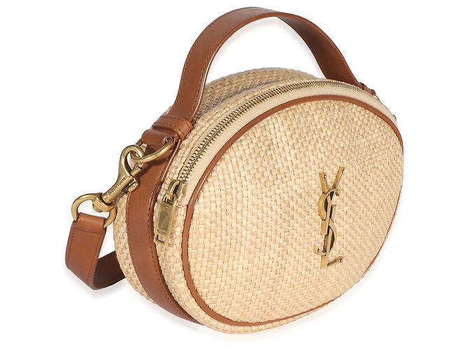 Autre Marque Borsa camera rotonda Saint Laurent in rafia beige e pelle di vitello marrone - vista 4
