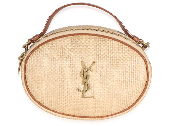 Autre Marque Borsa camera rotonda Saint Laurent in rafia beige e pelle di vitello marrone - vista 8