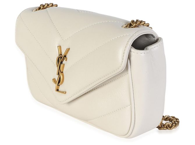 Autre Marque Borsa Mini Loulou Saint Laurent Crema Chevron in pelle d'agnello monogrammata Beige - vista 3