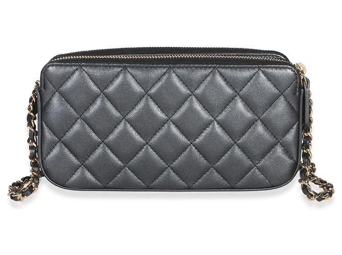 Gabrielle Portacellulare Chanel in pelle d'agnello matelassé metallizzato con perle, doppia zip e catena CC Metallico - vista 2