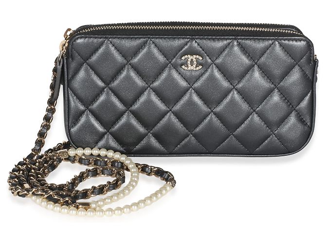 Gabrielle Portacellulare Chanel in pelle d'agnello matelassé metallizzato con perle, doppia zip e catena CC Metallico - vista 7