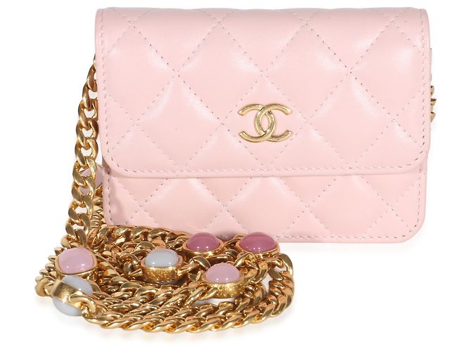 Chanel Mini Wallet On Chain aus gestepptem Lammleder in Hellrosa mit Schmucksteinen Pink - Ansicht 8