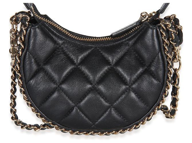 Gabrielle Bolsa Chanel Mini Moon Hobo Crossbody em pele de cordeiro acolchoada preta com corrente CC Preto - vista 2