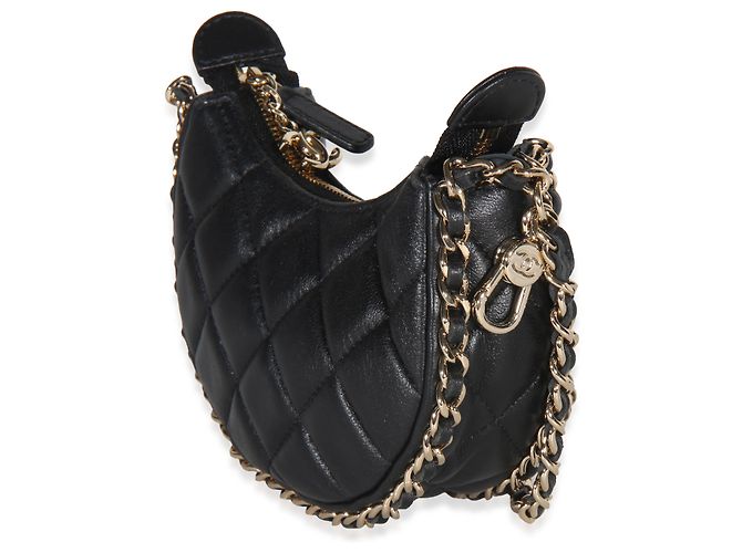 Gabrielle Bolsa Chanel Mini Moon Hobo Crossbody em pele de cordeiro acolchoada preta com corrente CC Preto - vista 3
