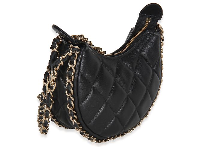 Gabrielle Bolsa Chanel Mini Moon Hobo Crossbody em pele de cordeiro acolchoada preta com corrente CC Preto - vista 4