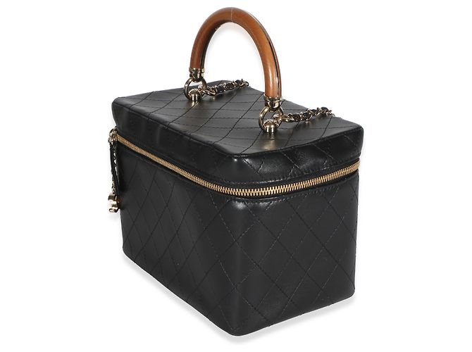 Chanel Black Flat Quilted Lambskin Knock On Wood Large Vanity Case Nero - vista 3