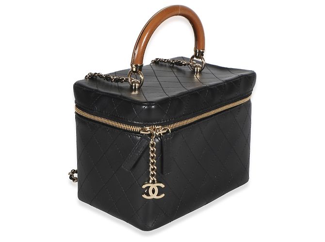 Chanel Black Flat Quilted Lambskin Knock On Wood Large Vanity Case Nero - vista 4