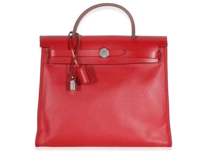 Hermès Rouge Piment Vache Hunter Berline Canvas Toile Herbag Zip 31 Rot - Ansicht 7