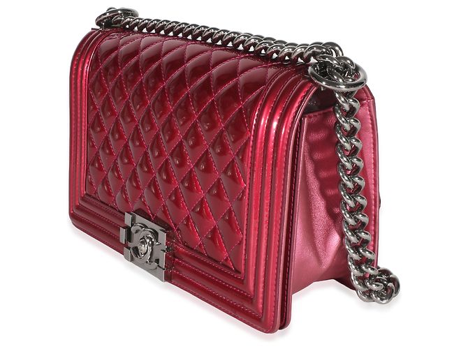 Chanel Boy Bag Old Medium aus metallischem Lackleder, gesteppt, rosa Pink - Ansicht 3