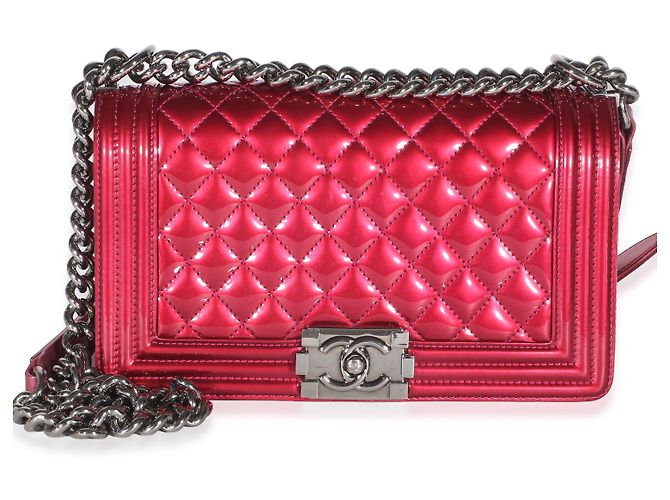 Chanel Boy Bag Old Medium aus metallischem Lackleder, gesteppt, rosa Pink - Ansicht 8