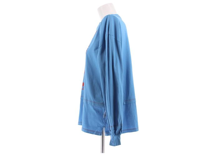 Ganni T-shirt blu a maniche lunghe risvoltate - vista 4