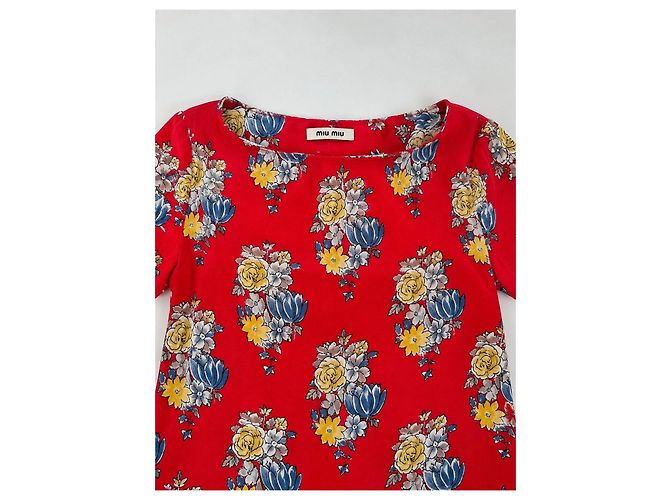 Top Miu Miu Seda Rojo Estampado Floral Blanco Roja Azul Gris Amarillo - vista 4
