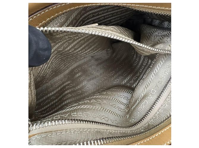 Prada Logo-Embossed Beige Leather Handbag - view 10