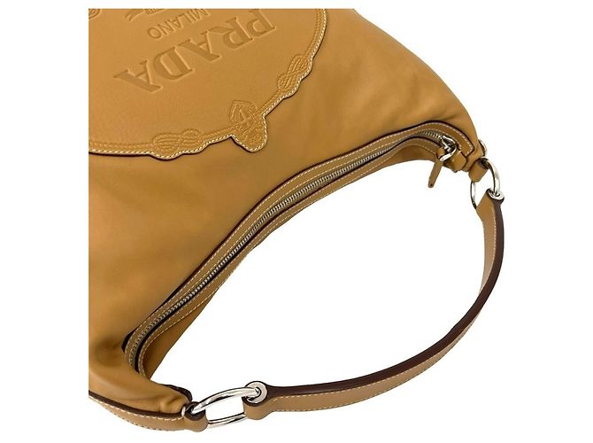Prada Logo-Embossed Beige Leather Handbag - view 4