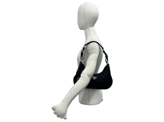 Bolsa semi-one shoulder em nylon Tessuto Pocono e couro com logo triângulo PRADA Preto - vista 2