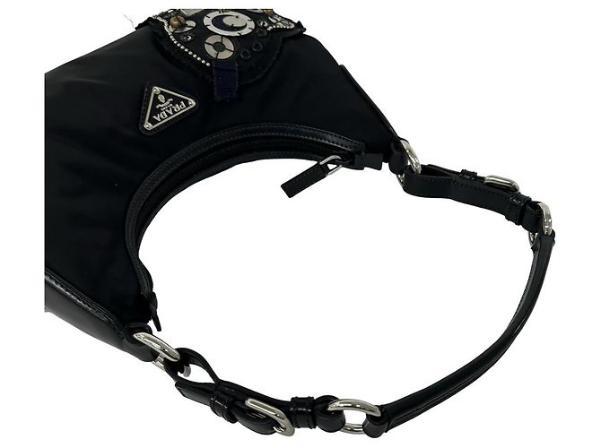 Bolsa semi-one shoulder em nylon Tessuto Pocono e couro com logo triângulo PRADA Preto - vista 4