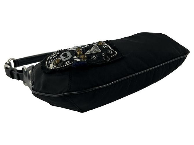 Bolsa semi-one shoulder em nylon Tessuto Pocono e couro com logo triângulo PRADA Preto - vista 7