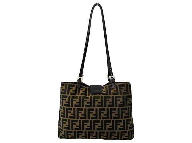 Borsa Tote Fendi Zucca FF Pattern Canvas Leather Marrone Nero - vista 3