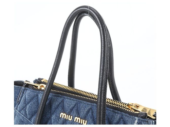 Miu Miu Biker Denim Quilted Leather Handbag Tote Bag RN1032 Nero Blu - vista 2