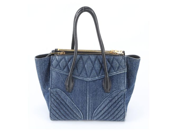 Miu Miu Biker Denim Quilted Leather Handbag Tote Bag RN1032 Nero Blu - vista 3